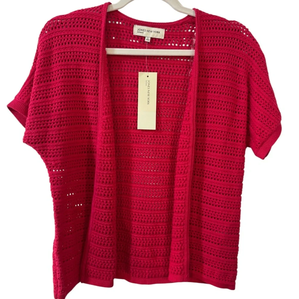 Jones New York Open-Front Short Sleeve Crochet Cardigan - Fuchsia